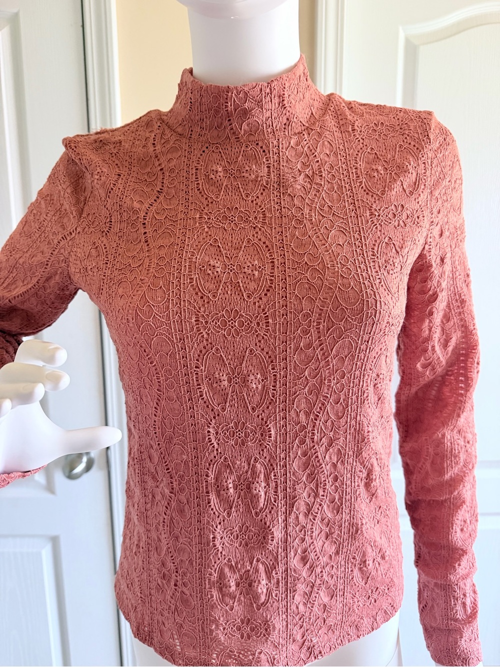 Anthropologie Dusty Rose Lace Mock Neck Top - Picture 3 of 7